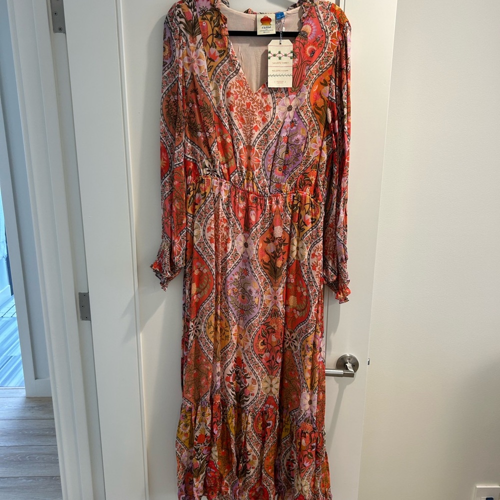 Farm Rio Orange and Pink Long Sleeve Floral Dress
